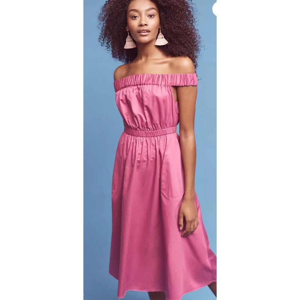Anthropologie Maeve Mona Off The Shoulder Midi Fit & Flare Dress Fuchsia Size XS